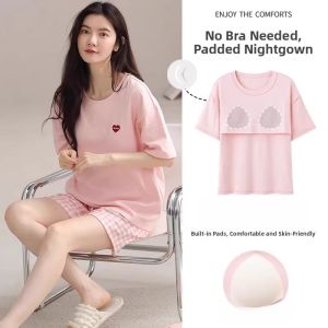MiiOW | Pure Cotton Cat Person Womens Sleepwear Short Sleeve Three-piece Set With Chest Pad One-piece Wearable Large Size Home Clothes