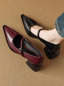 French Vintage Pointed Toe Mini Leather Shoes Womens Chunky Heel Real Leather Mary Jane High Heels Fashionable Casual Slip-On