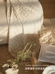 Texdream Knitted Tassel Blanket Creamy Beige Sofa Cover Blanket Nordic Office Nap Blanket Soft Cozy All Seasons Bedding Throw