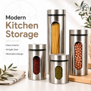 Airtight Food Storage Container - Large Stainless Steel Glass interior Storage & Organization Set for Coffee Flour Pasta Rice Spices Herbs