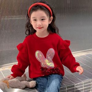 New Childrens Red Fleece Lined Thickened Hoodie Spring Autumn Seasonal Fashionable Girls Base Layer Shirt Korean Style Cotton Fabric
