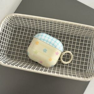 Korean Style Blue Grid Pattern Colorful Flowers Bowknot Pendant Shock Proof Earphone Cover Case for AirPods 1 2 3 4 Pro 2 Pro 3