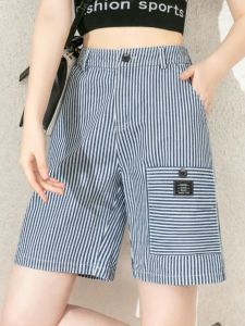 2024 ใหม่สูง เอว ลายทาง เดนิม กางเกงขาสั้น ผู้หญิง ฤดูร้อน ลำลอง พรางหุ่น ทรงเอ ขาตรงยาวห้าส่วน ผ้าฝ้าย กางเกง