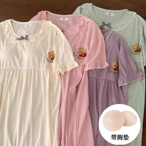 ชุดนอนพร้อมฟองน้ำเสริมทรวงอกเดรสใส่นอนสำหรับผู้หญิงเดรสยาวคลุมเข่าแขนสั้นทรงหลวมไซส์ใหญ่พิเศษสไตล์เจ้าหญิงน่ารักแบบบางสำหรับฤดูร้อนชุดใส่ในบ้าน