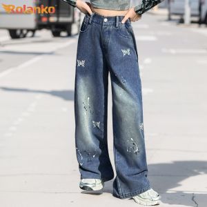 Rolanko Girls Denim Wide-Leg Pants Kids Fashion Baggy Jeans Elastic Waist Trousers School Children Daily Casual Wear Bottoms 5-16 Years