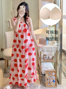Summer Womens Cotton Silk Sleep Dress with Chest Pad Long to Ankle Outerwear Princess Style Home Clothes Tagkita Brand