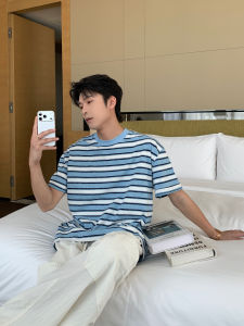 HUALUNDESIGN | Áo Thun Nam Cotton Cổ Tròn Tay Ngắn Sọc Xanh Đèn Cho Mùa Hè