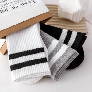 6 Đôi Tất Nam Thoáng Khí Giữa Ống Tất Xuân Thu Đơn Giản Thường Ngày Đen Sọc Trắng Cotton Cao Cấp Tất Tròn