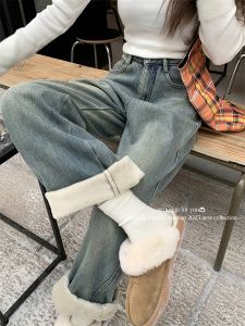 Thickened Fleece Lined Wide Leg Jeans Womens Winter plus Size Loose Fit Long Pants Retro Distressed Denim High Waist Blue