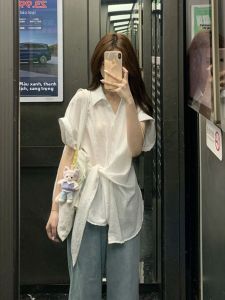Áo sơ mi nữ BINKAFENNY tay ngắn dáng rộng thắt lưng phong cách công sở
