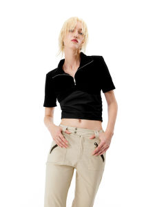 NUTH Detachable Shoulder Pad POLO Collar Retro Short Sleeve T-Shirt Uneven Splicing Versatile Slimming Short Design Womens Top