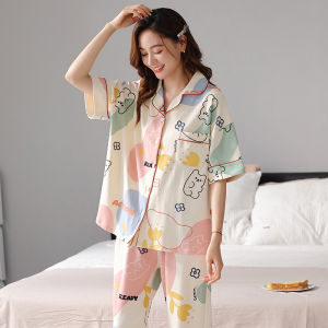 MiiOW | Cat Woman Summer Sleepwear Cotton Casual Long Pants Short Sleeve Womens Outwear Home Clothes Set Comfortable Breathable Lightweight