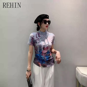 REHIN High-end Retro-style buckle stand collar short-sleeved T-shirt printed fashionable design perfect as a bottoming shirt or European-style tops