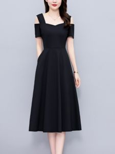 Hebe Style Black Shoulder Bared Dress Women Summer New High End plus Size Slimming Elegant Little Black Dress a Line Long Skirt