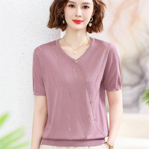 Young Mom Summer Fashion Pure Color Ice Silk Short Sleeve Thin Knitted T-Shirt Mid-aged Womens V-neck Loose Fit Casual Top