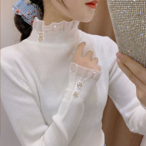 Fashionable Lace Trim Half High Collar Base Shirt Inner Wear Wooden Ear Edge Spring Clothing 2025 New Arrival Slim Fit Knitwear