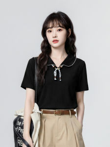 ZISUO | Elegant Shoulder Design Lace Placket Short Sleeve Womens T-Shirt
