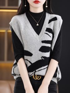 Loose Womens Knitted Vest 2025 Spring Autumn Seasonal New Style V-Neck Patchwork Sleeveless Oversized Trendy Top