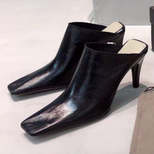 Retro Genuine Leather Slip-On Pumps Womens Anti-Slip Soft Bottom Toe-Covered High Heels Thin Heel Lazy Mule Sandals Summer Outdoor Wear