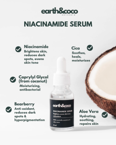 Earth & Coco Niacinamide 5% Serum with Cica Bearberry & Aloe Vera - Brightening & Soothing Moisturizer for Acne-Prone & Sensitive Skin