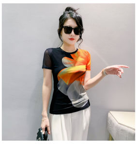 REHIN Summer New Arrival Tie-Dye Mesh Short Sleeve T-Shirt Slim Fit Crew Neck Top in European and American Style S-4XL Women Blouse