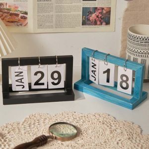 RA Wooden Perpetual Flip Desk Calendar Reusable Month Date Page Turning Calendar Rustic Wood Tabletop AR