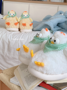 Cute Chicken Plush Cotton Slippers Womens Home Shoes Warmth Cartoon Style Indoor EVA Bottom Low Heel Velvet Surface