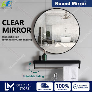 Novoliving Northern Europe Round Bathroom Mirror For Wall Decor with Shelf Matte Black Metal Frame Circle Vanity Mirror Wall Hanging Towel HD Waterproof Mirror