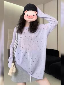 BINKAFENNY | เสื้อยืดแขนยาวผู้หญิงเซ็กซี่สีม่วงโปร่งใส ทรงหลวม บางเฉียบ สไตล์ฤดูร้อน เสื้อคลุมกันแดด ลายจุด ดูดี เสื้อตัวบนบาง