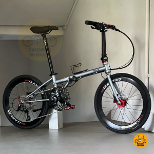 Fnhon Gale 22" Battleship Grey Red Accents Folding Bike • Shimano 9s • Litepro Aero Wheels • Hydraulic Disc Brake • MRT Bus-Friendly