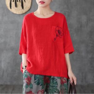 เสื้อยืดคอตตอนลินินปักลายแขนสั้นฤดูร้อนสำหรับผู้หญิง เสื้อเชิ้ตแขนสั้นสไตล์วินเทจแบบลำลองสำหรับใส่ไปทำงาน