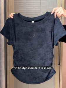 Retro Black Tied Dye Shoulder Length Short Sleeve Womens T-Shirt Summer New Design Waist Cinched Pleated Short Top