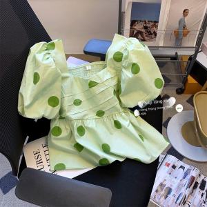 Áo Sơ Mi Tay Ngắn Họa Tiết Chấm Bi Màu Xanh Lá Cây Phong Cách Mint Wave Ngọt Ngào Cho Nữ Mùa Hè 2025 Áo Thun Cotton Thường Ngày