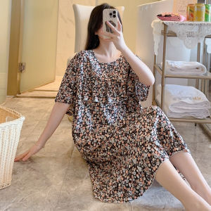 New 2025 Womens Cotton Silk Sleep Dress Loose Home Clothes Anti-Protrusion Summer Midi Dress Short Sleeve round Neck Sleepwear