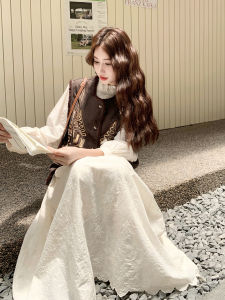 Muted Ivory Embroidered Dress Set Womens Fashion Anti-Aging Two-Piece Suit Autumn 2025 High Waist A-Line Skirt Long Sleeve