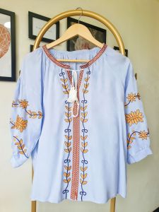 [SG SELLER] IRIS Womens fashion Embroidered Blouse Tassel Tie Round Collar Bubble Sleeve Retro Casual Blouse
