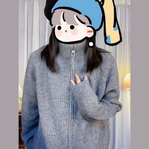 Double Zipper High Collar Knitted Cardigan Womens Loose Fit Chic Lazy Style Thick Sweater Outerwear for Autumn Season