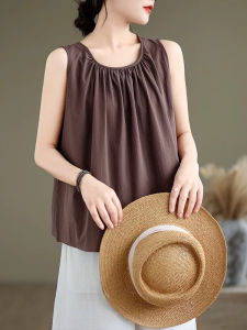 Summer Fashion round Neck A-Line Silk Cotton Pleated Sleeveless Vest Women Loose Casual Slimming Solid Color Leisure Top