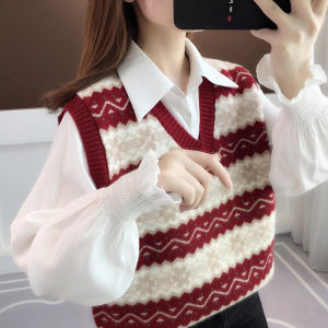 เสื้อกั๊กถักนิตติ้งฤดูหนาวสำหรับผู้หญิง เสื้อเชิ้ตสองชิ้น เสื้อคลุมกันหนาวแบบใหม่ ฤดูใบไม้ร่วง/ฤดูหนาว เสื้อคลุมกันหนาวแบบสวมหัว แขนกุด คอวี