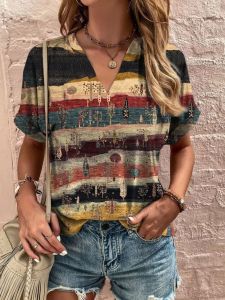 Multi-Color Printed V-Neck Striped T-Shirt Street Style Loose Fit Short Sleeve Floral Pattern Summer Casual Womens Top
