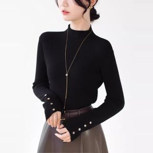 WANGGONGZHU | Fashionable Knitted Base Layer Shirt Womens Half High Collar Autumn Winter Inner Wear Striped Design Princess Style Long Sleeve