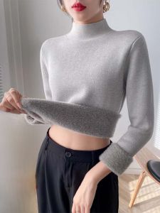 chaqi | Áo len dệt kim lót lông cừu dày cho nữ cổ cao áo lót giữ nhiệt dáng ôm dài tay thời trang thu đông áo len cổ đứng