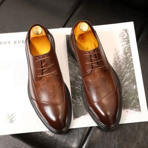 Mens Leather Shoes K-style Trendy British Style Easiest for Match Shoelace Business Formal Wear Breathable Casual Hidden Heel Wedding Grooms Shoes