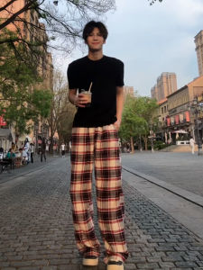 OUMULONG | Vintage Red Plaid American Style Straight Trousers Summer