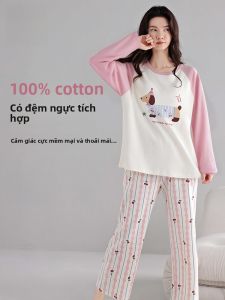 MiiOW | Bộ đồ ngủ dài tay thoải mái cho nữ MiiOW Cat Person có đệm ngực chống điểm tr�m quần áo mặc nhà cotton mùa thu