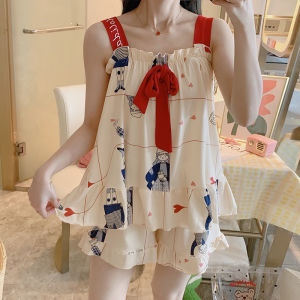 Summer Thin Strap Sleepwear Set Womens Korean Style Princess Outwear Home Clothes Sleepwear Short Pants Polyester Fiber