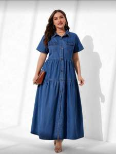 Melody Plus Size Plain Denim Dress Short Sleeve Casual Stylish Suitable For Autumn  Plus Size Denim Dress Vacation Autumn Outfit  Autumn Outfits For Women Festival Outfits  Elegant Vacation Outfits Woman Sundress