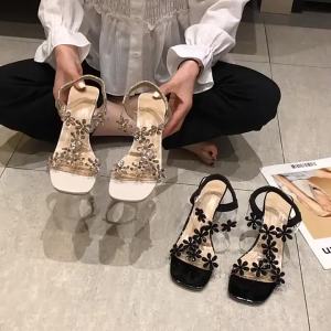 LJWater Diamond Sandals Womens Summer Crystal Chunky Heel Fashion Medium Heel Fairy Style Transparent High Heels Korean Version