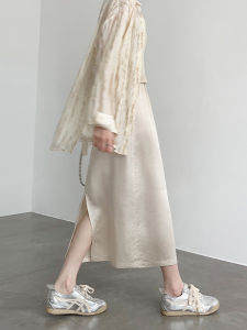 White Silk Satin Half Skirt Womens New 2024 Summer High Waist A-Line Midi Skirt Floral Embroidery Drapey Chinese Style