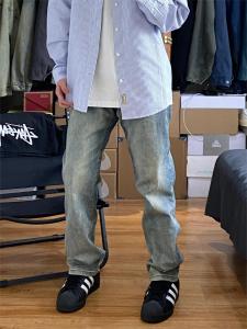 Retro Washed Blue Denim Jeans Mens Loose Straight Casual Long Trousers American High Street Vibe Spring Summer Trendy